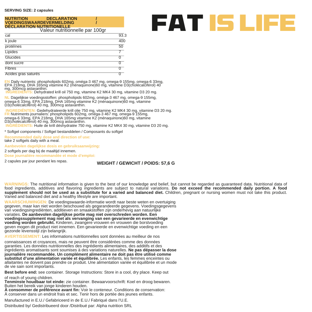 Alpha Labz - Fat Is Life - Omega 3 Huile de Krill, Vitamine K2 MK4 et Vitamine D3